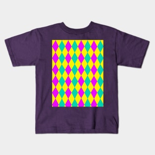 Teal, Purple Yellow Mardi Gras Diamond Harlequin Pattern Kids T-Shirt